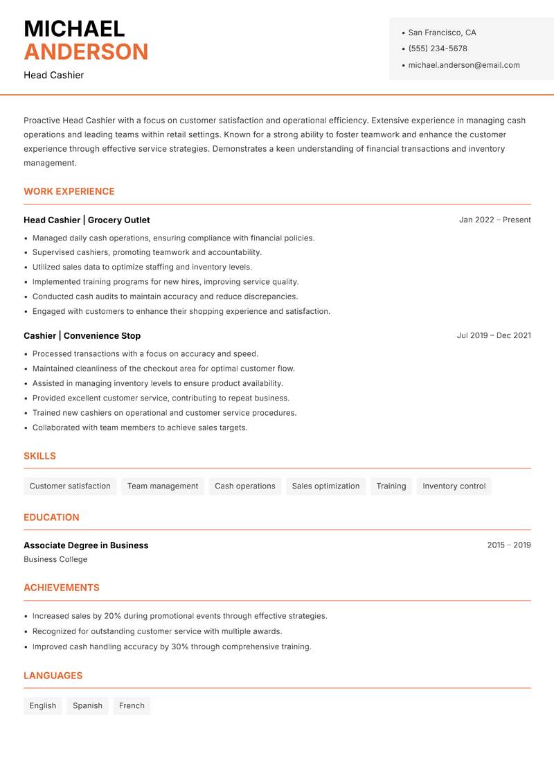 Head Cashier resume template — Modern Professional