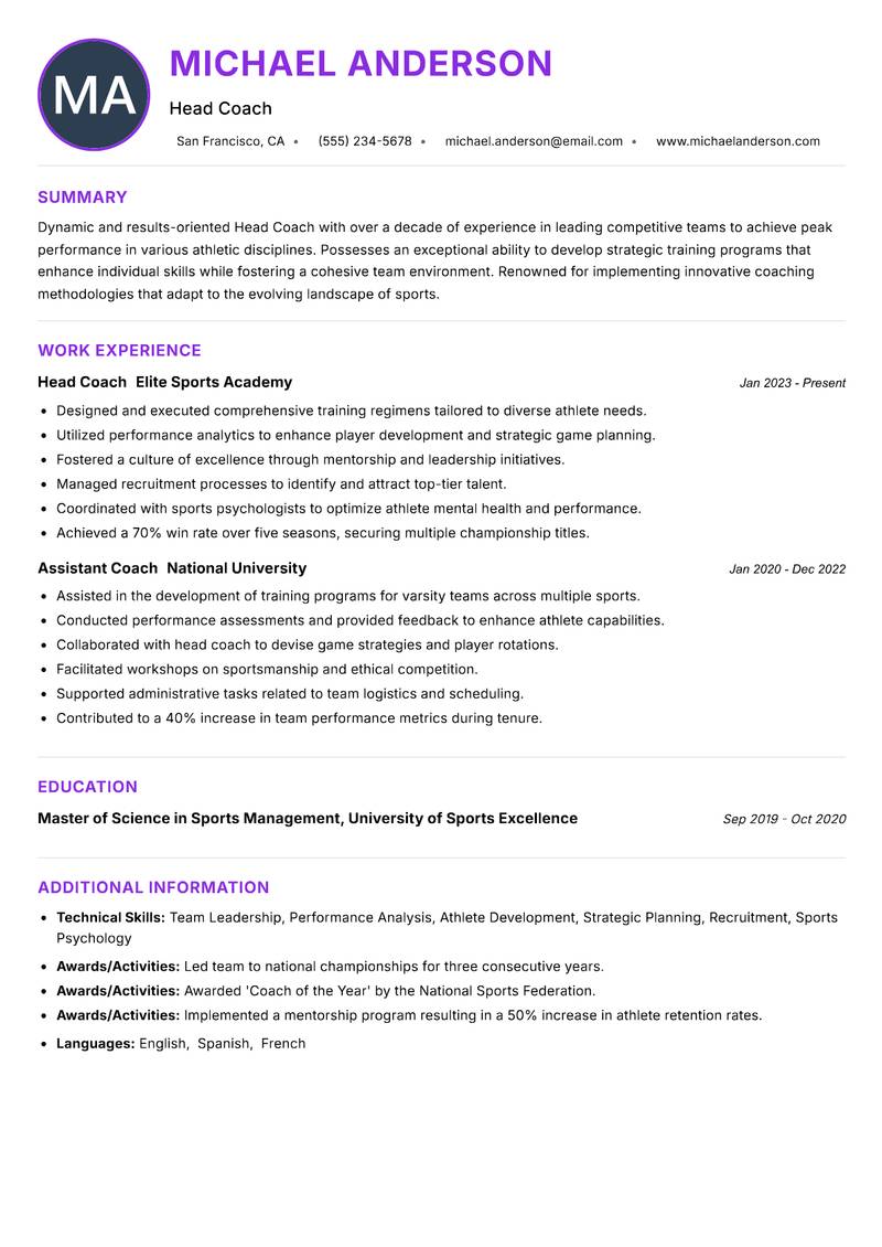 Head Coach resume example — ATS-friendly template