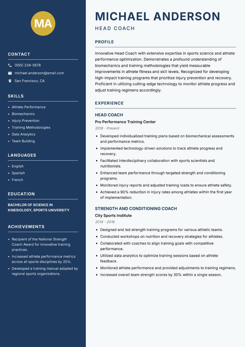 Head Coach resume template — Classic Clean