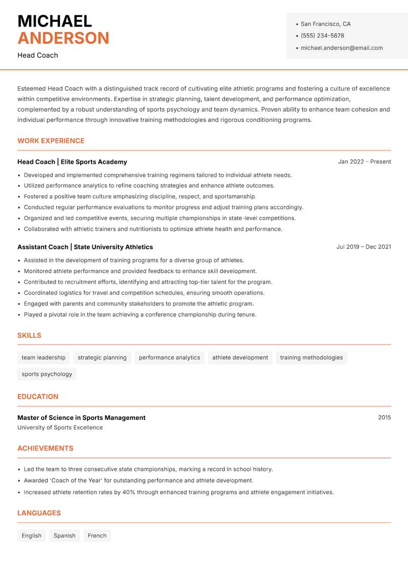 Head Coach resume template — Modern Professional