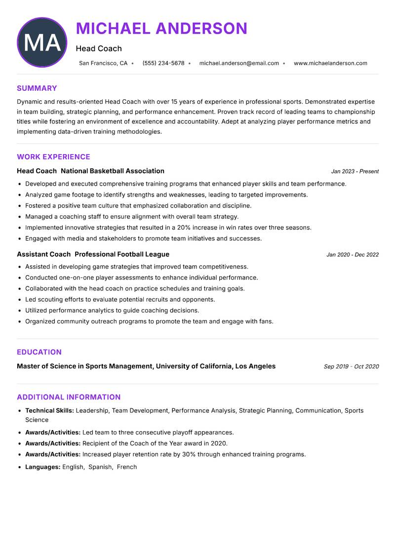 Head Coach Professional Sports resume example — ATS-friendly template