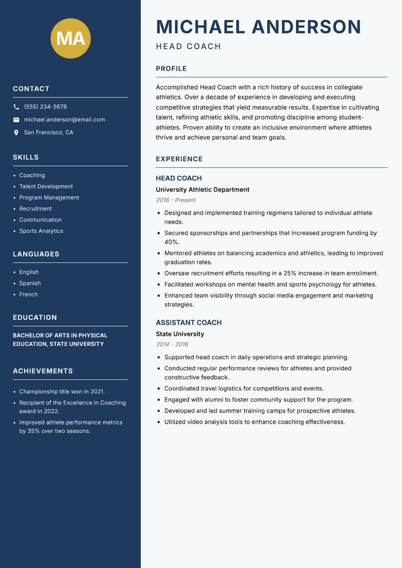 Head Coach Professional Sports resume template — Classic Clean
