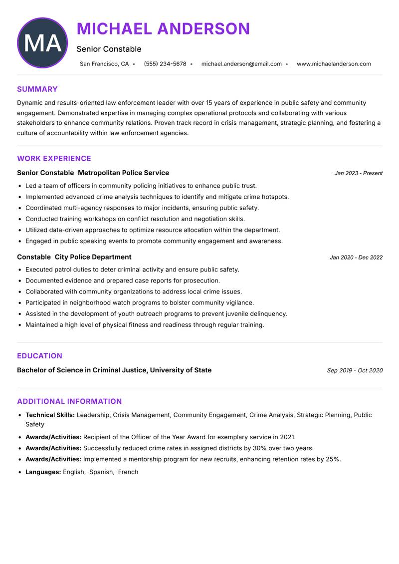 Head Constable resume example — ATS-friendly template