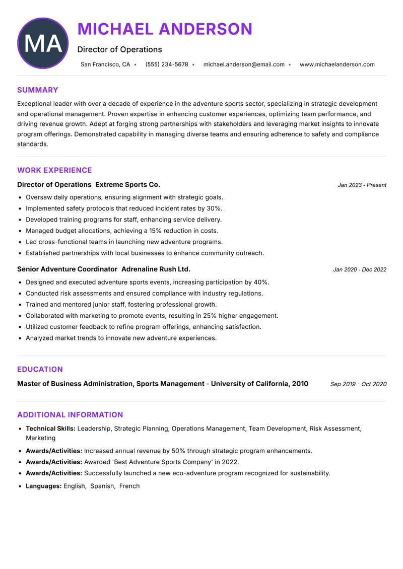 Head of Adventure Sports resume example — ATS-friendly template