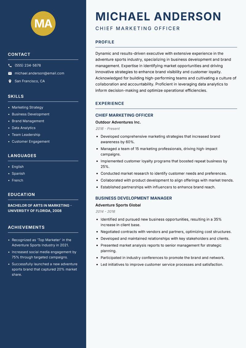 Head of Adventure Sports resume template — Classic Clean