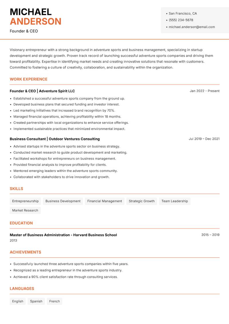 Head of Adventure Sports resume template — Modern Professional