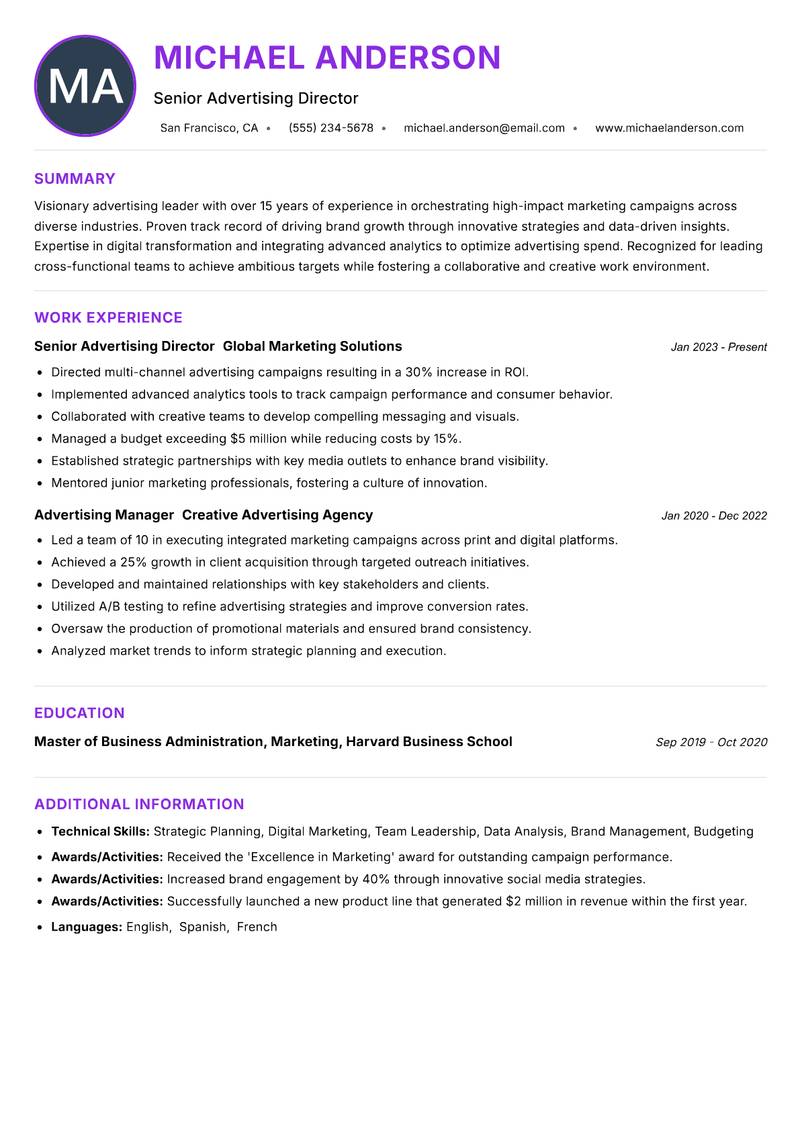 Head of Advertising resume example — ATS-friendly template