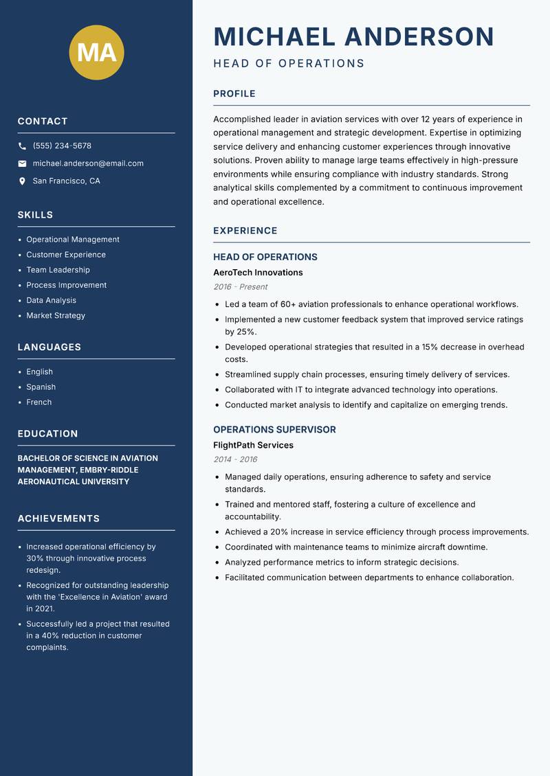 Head of Aviation Services resume template — Classic Clean