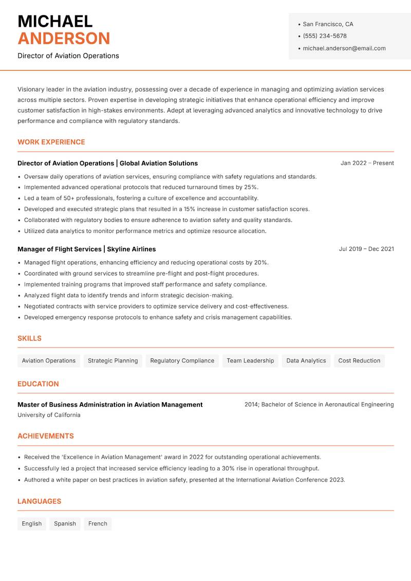 Head of Aviation Services resume template — Modern Professional