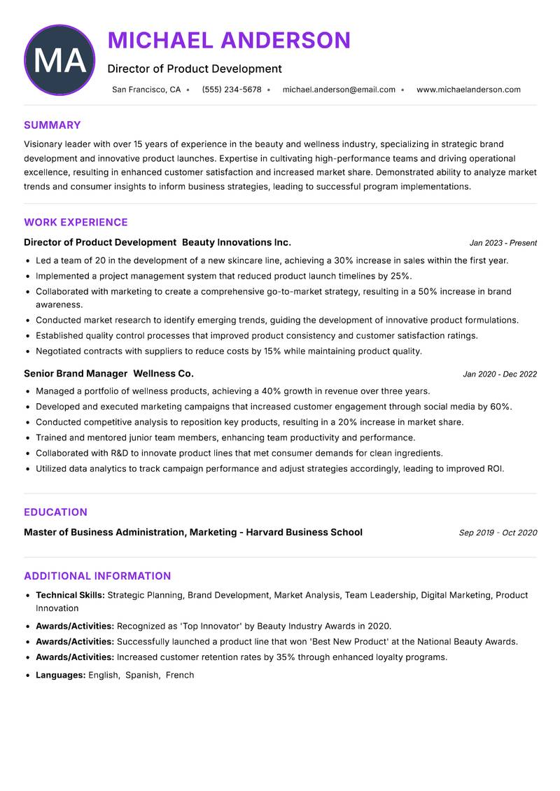 Head of Beauty and Wellness resume example — ATS-friendly template