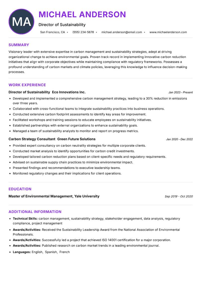 Head of Carbon Management resume example — ATS-friendly template