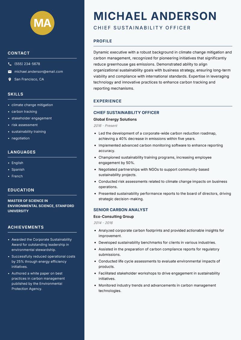 Head of Carbon Management resume template — Classic Clean