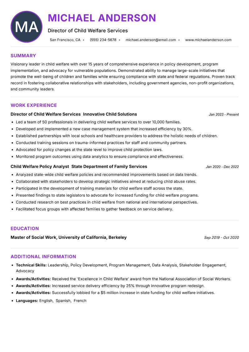 Head of Child Welfare resume example — ATS-friendly template
