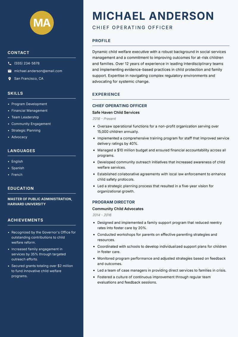 Head of Child Welfare resume template — Classic Clean