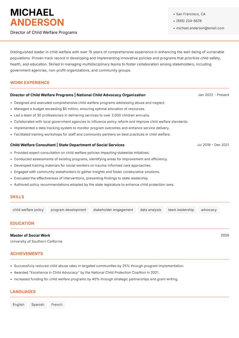 Head of Child Welfare resume template — Modern Professional