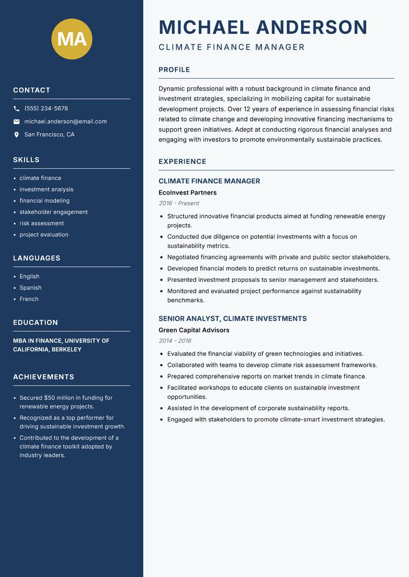 Head of Climate Change resume template — Classic Clean