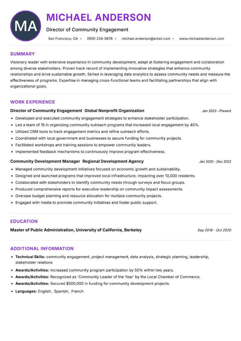 Head of Community Development resume example — ATS-friendly template