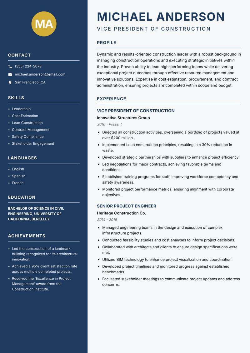 Head of Construction resume template — Classic Clean