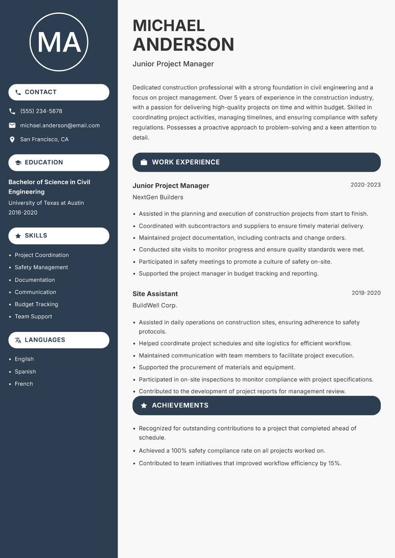 Head of Construction resume template — Compact