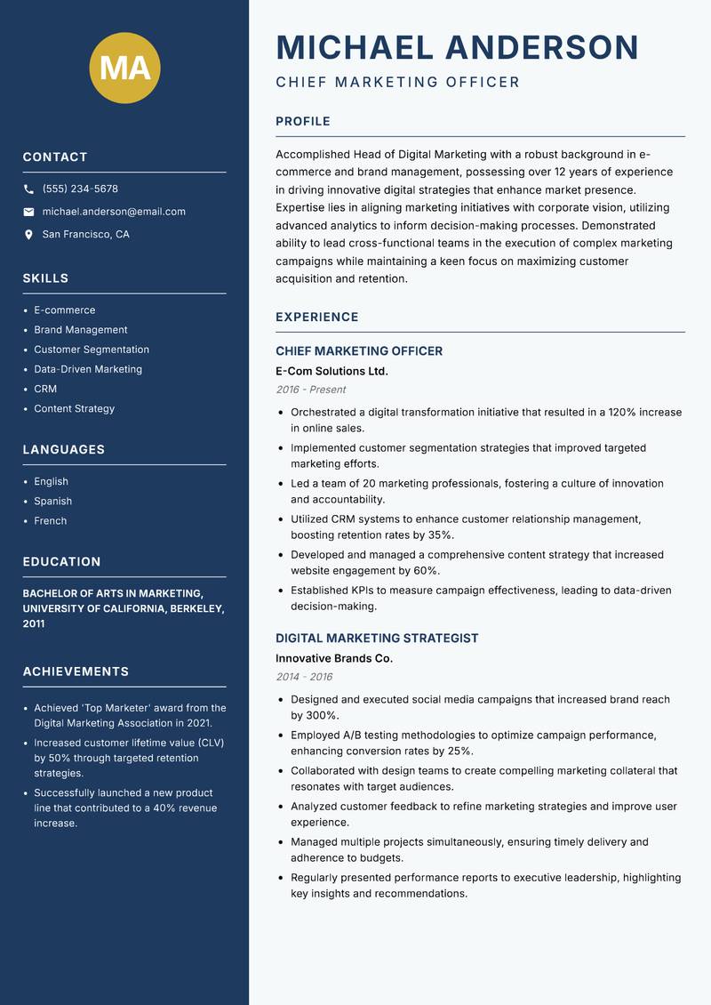 Head of Digital Marketing resume template — Classic Clean