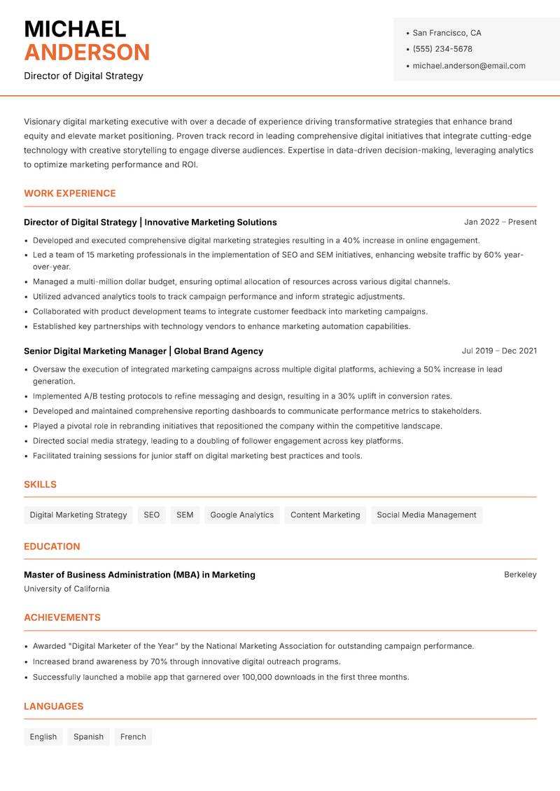 Head of Digital Marketing resume template — Modern Professional