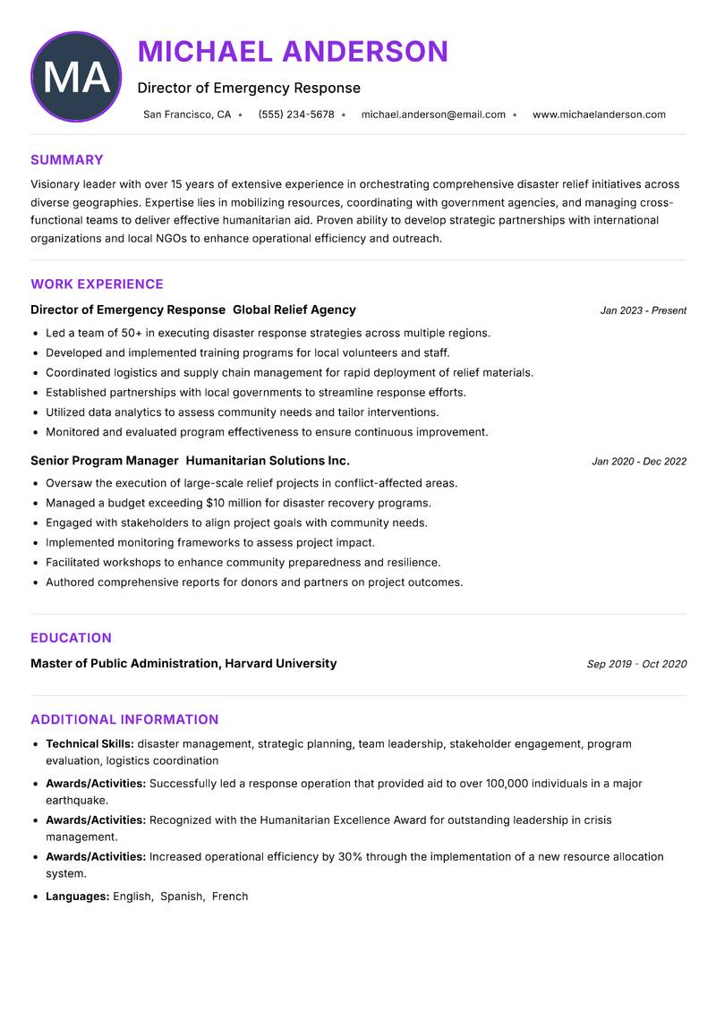 Head of Disaster Relief resume example — ATS-friendly template