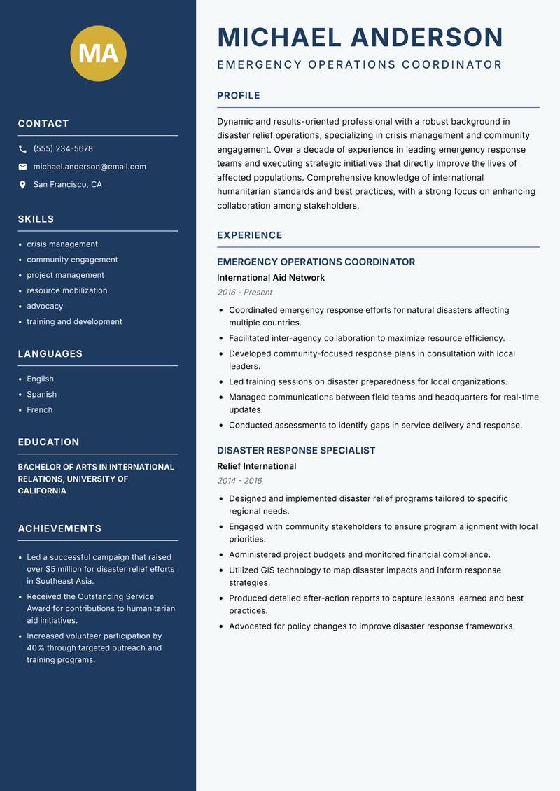 Head of Disaster Relief resume template — Classic Clean