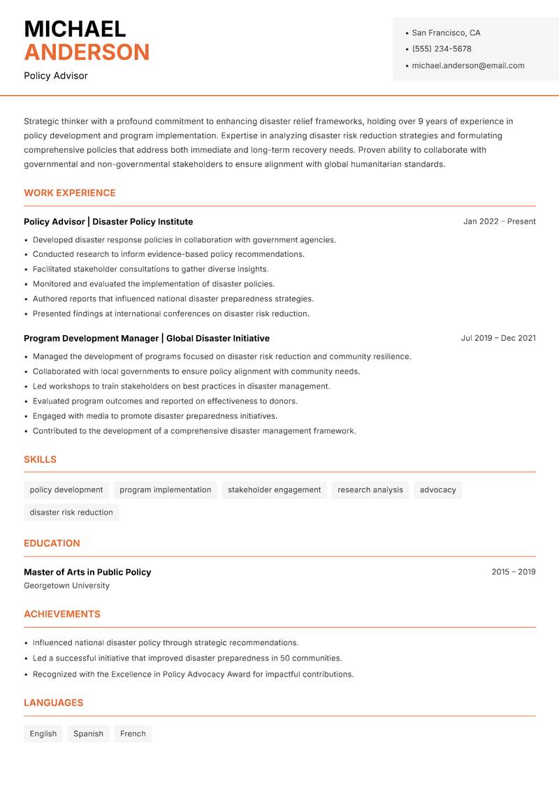 Head of Disaster Relief resume template — Modern Professional