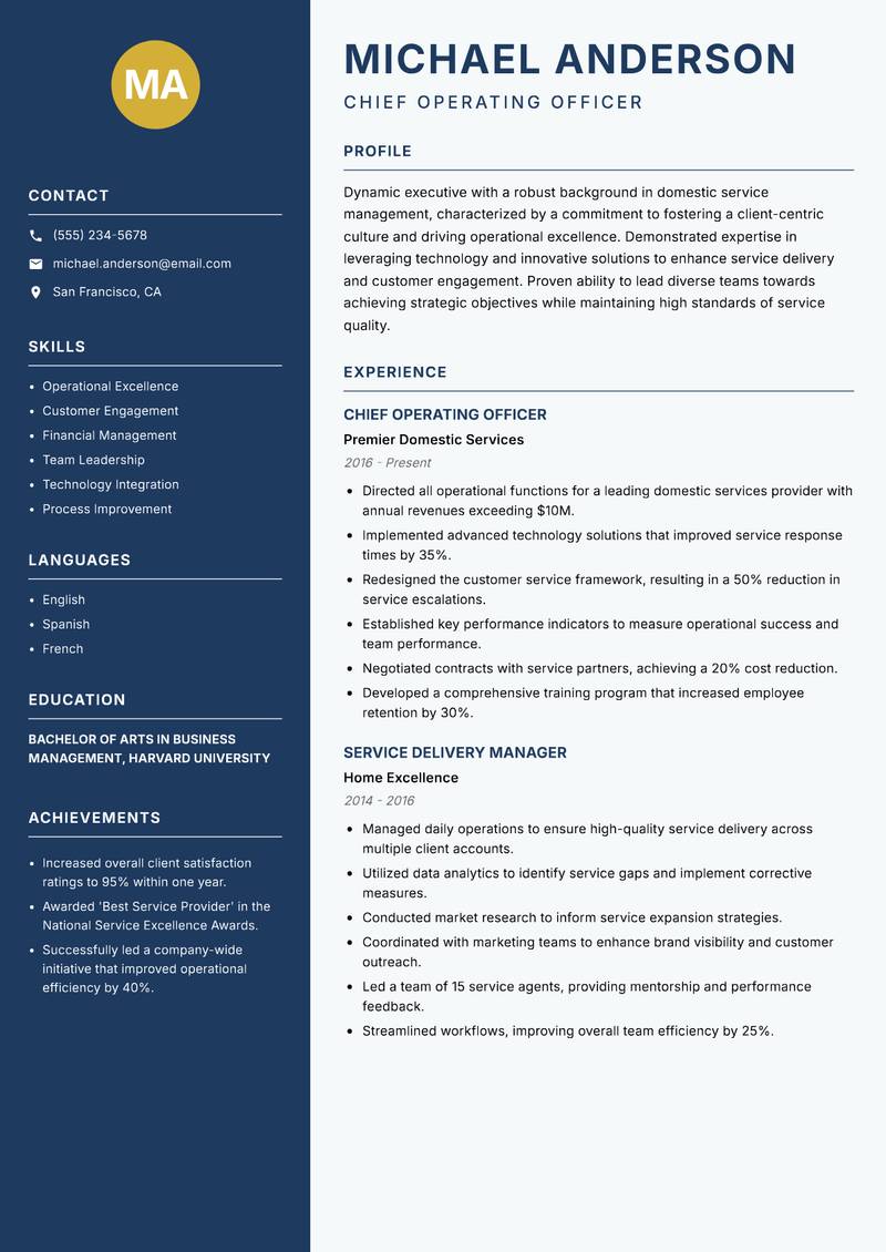 Head of Domestic Services resume template — Classic Clean