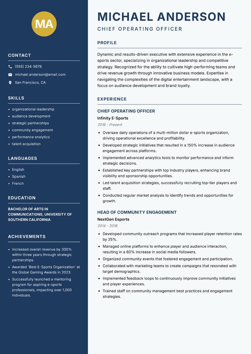 Head of E-Sports resume template — Classic Clean