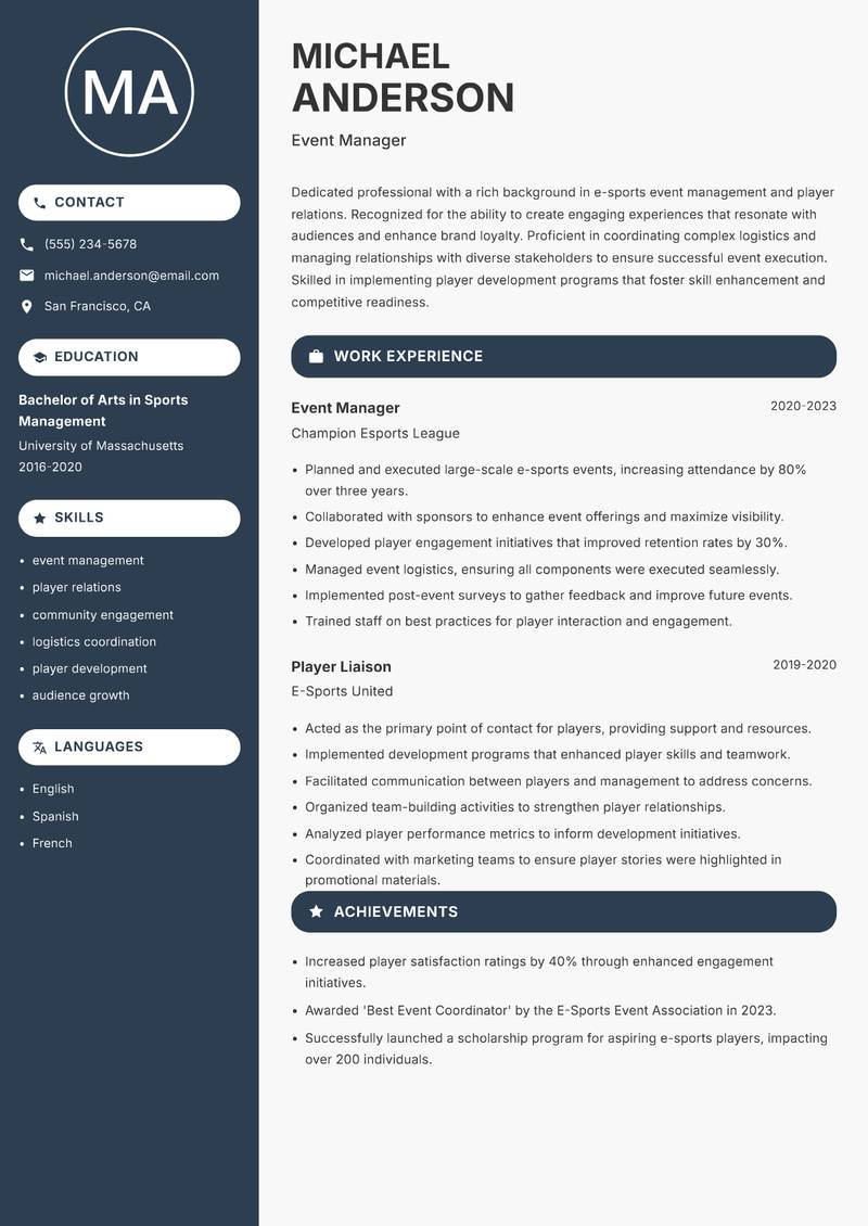 Head of E-Sports resume template — Compact