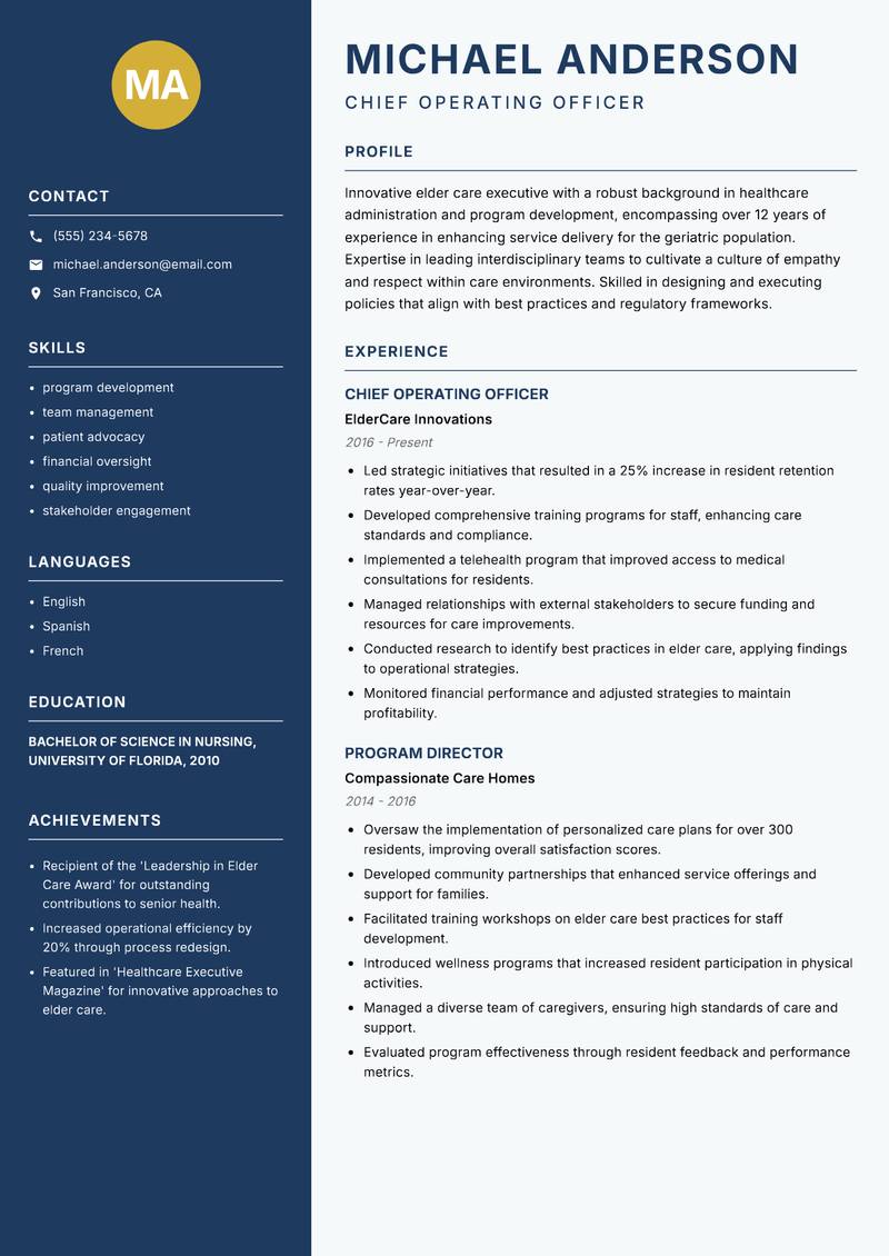 Head of Elder Care resume template — Classic Clean