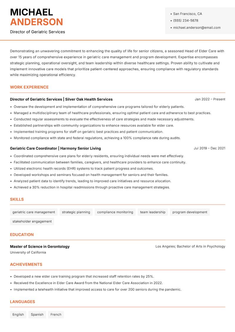 Head of Elder Care resume template — Modern Professional