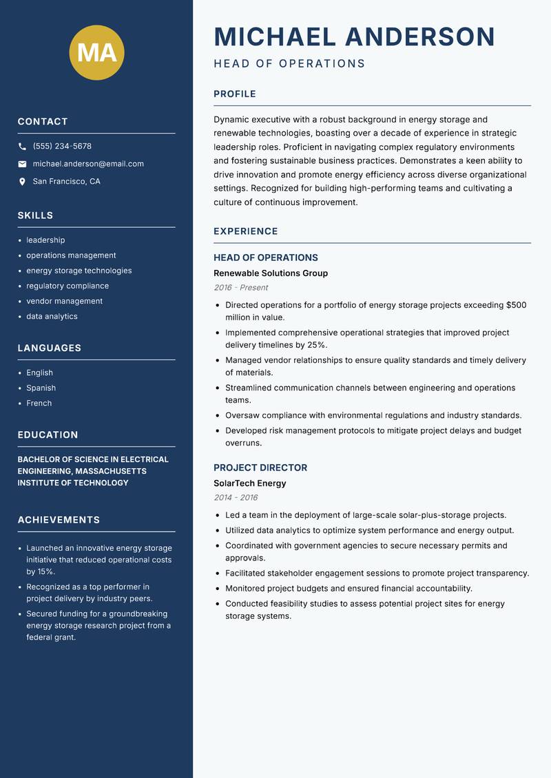 Head of Energy Storage resume template — Classic Clean