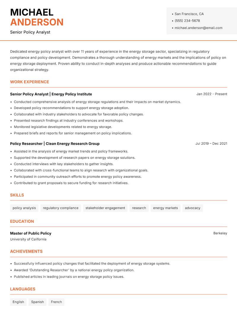 Head of Energy Storage resume template — Modern Professional