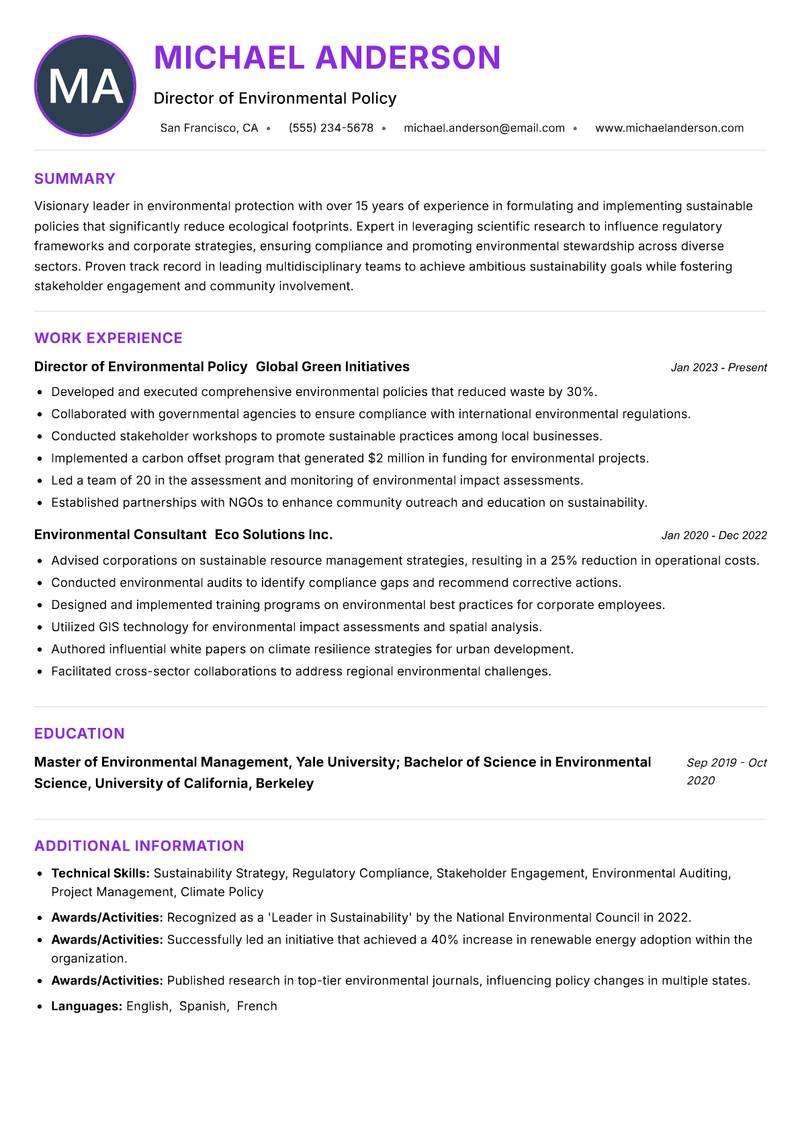 Head of Environmental Protection resume example — ATS-friendly template