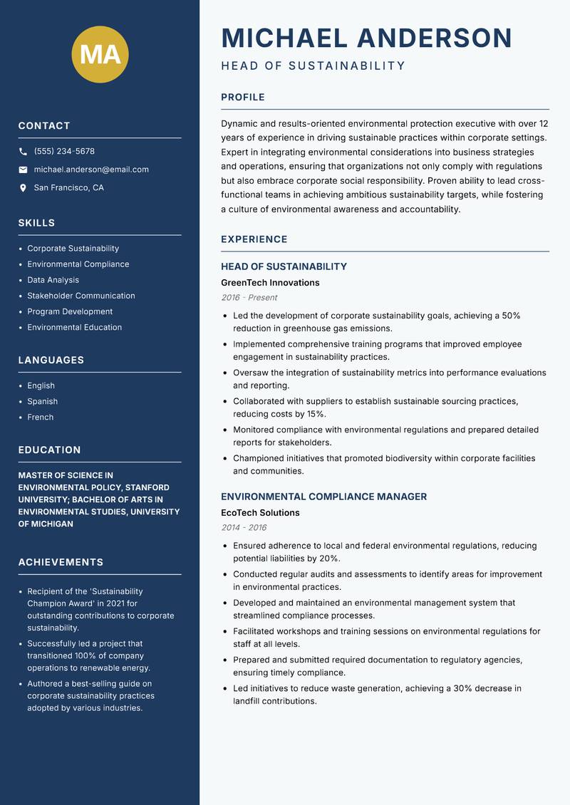 Head of Environmental Protection resume template — Classic Clean
