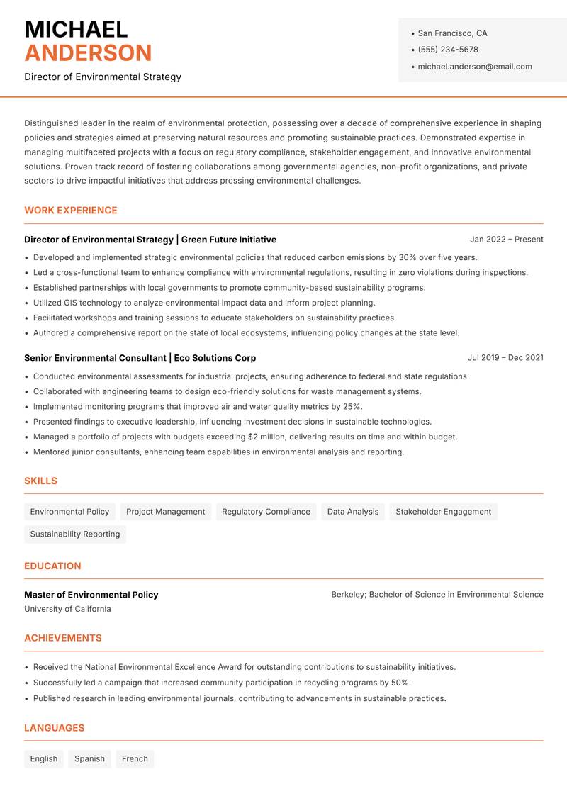 Head of Environmental Protection resume template — Modern Professional