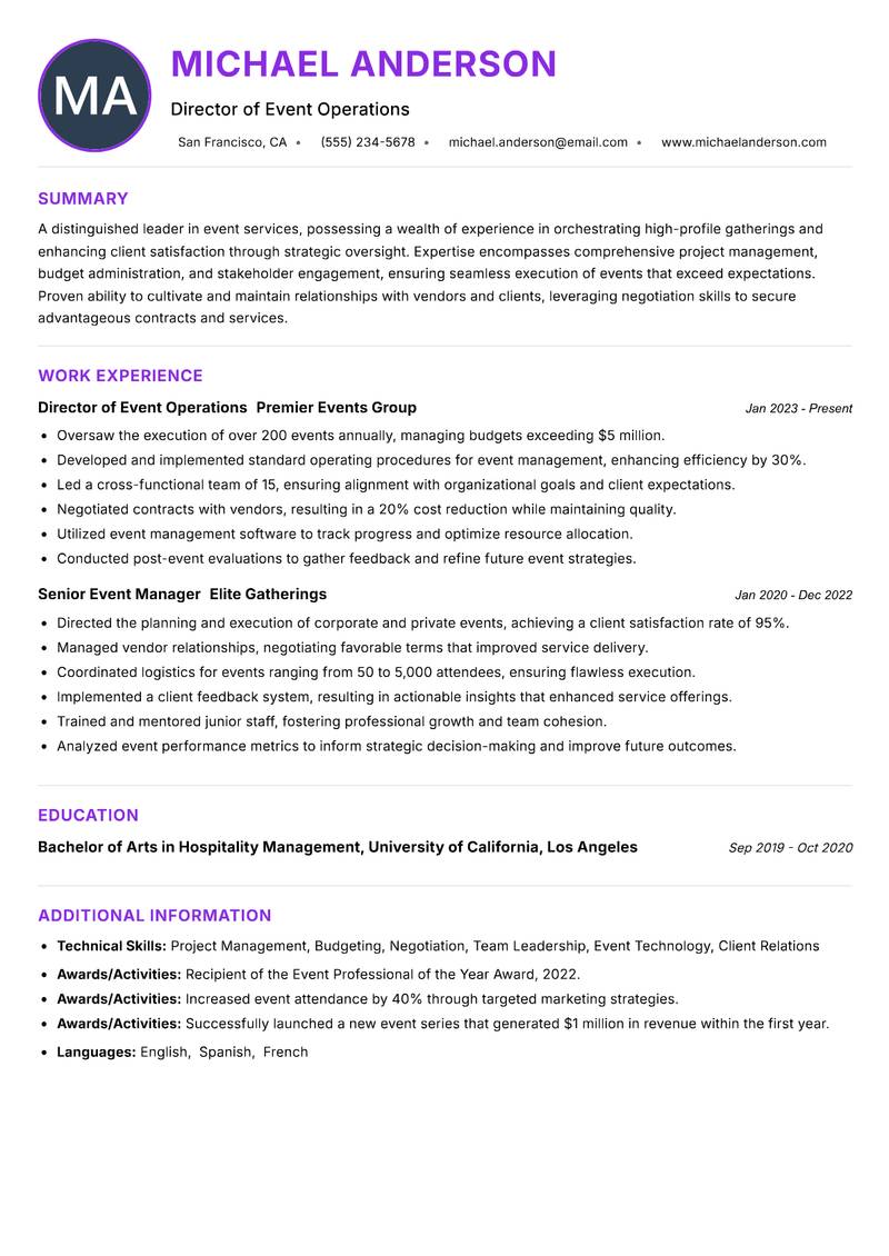Head of Event Services resume example — ATS-friendly template