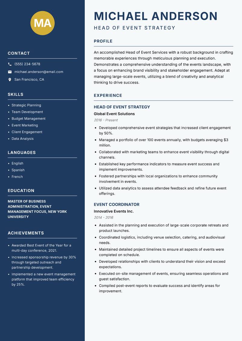 Head of Event Services resume template — Classic Clean