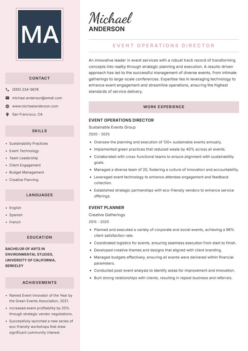 Head of Event Services resume template — Executive