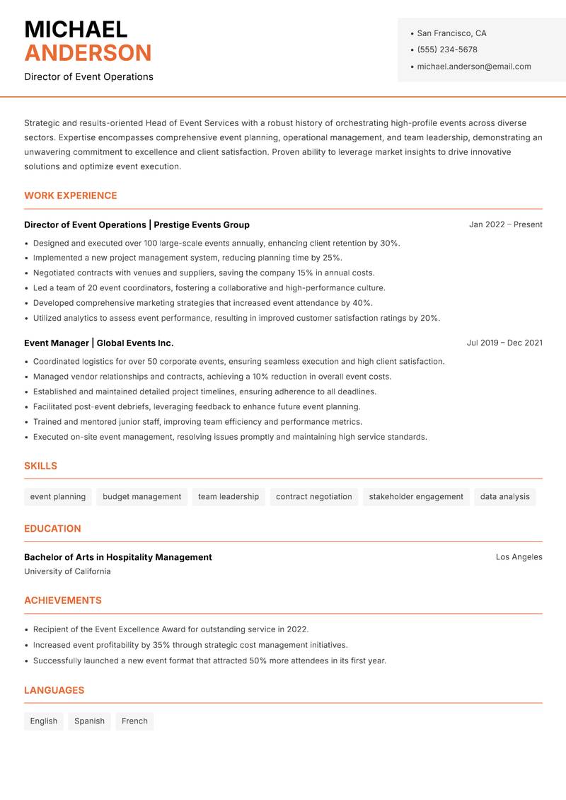 Head of Event Services resume template — Modern Professional