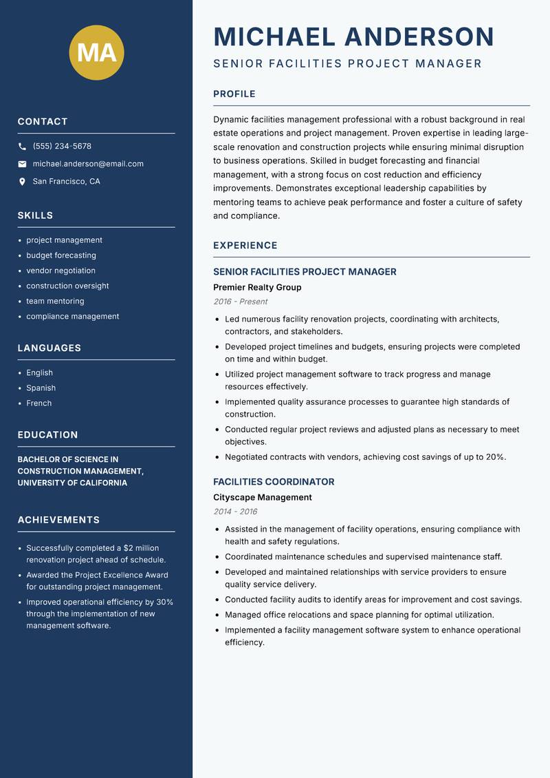 Head of Facilities Management resume template — Classic Clean