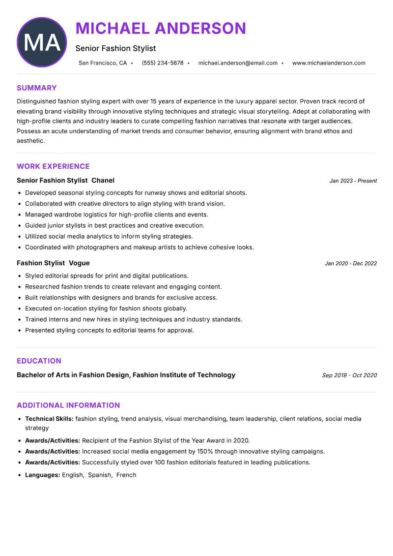 Head of Fashion Styling resume example — ATS-friendly template