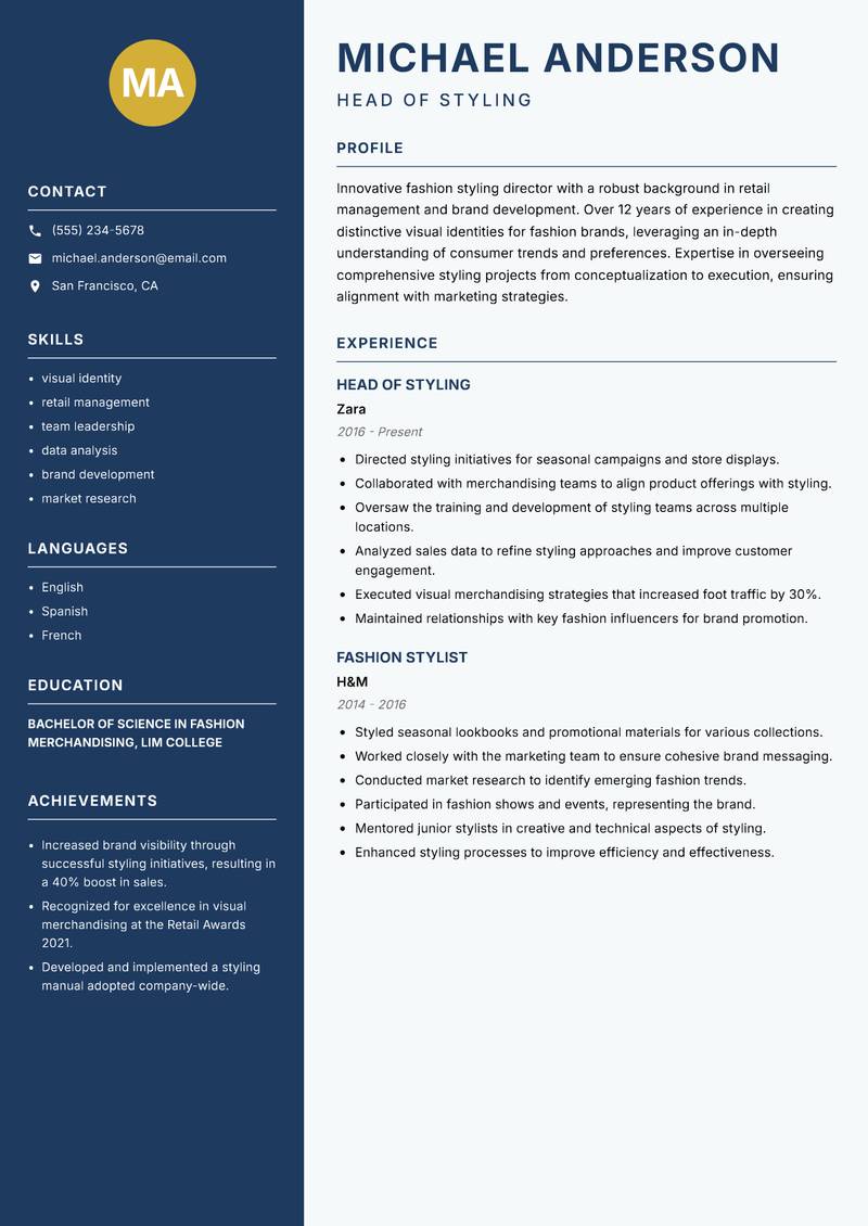 Head of Fashion Styling resume template — Classic Clean