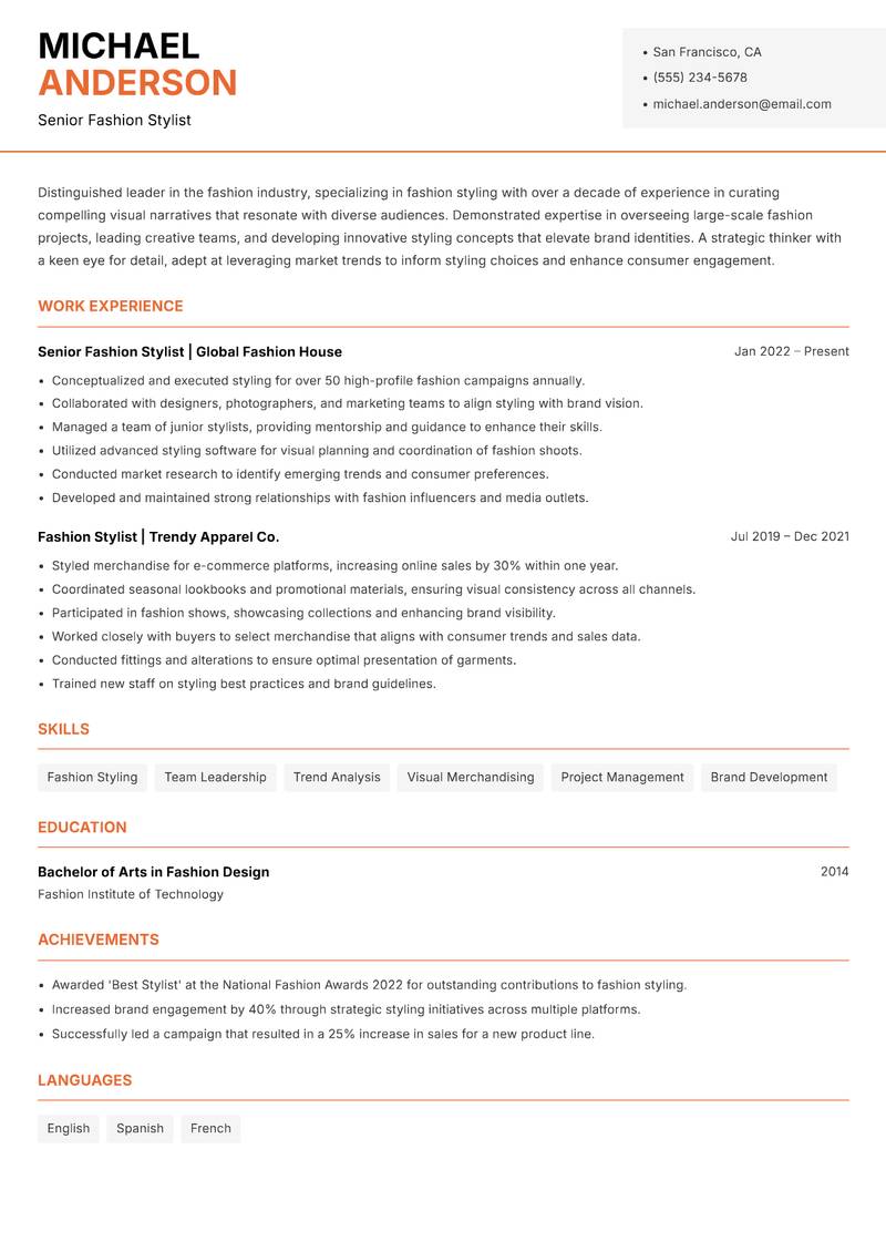 Head of Fashion Styling resume template — Modern Professional