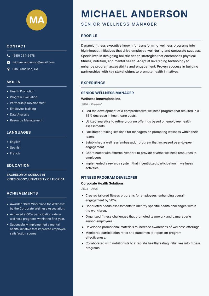Head of Fitness and Wellness resume template — Classic Clean
