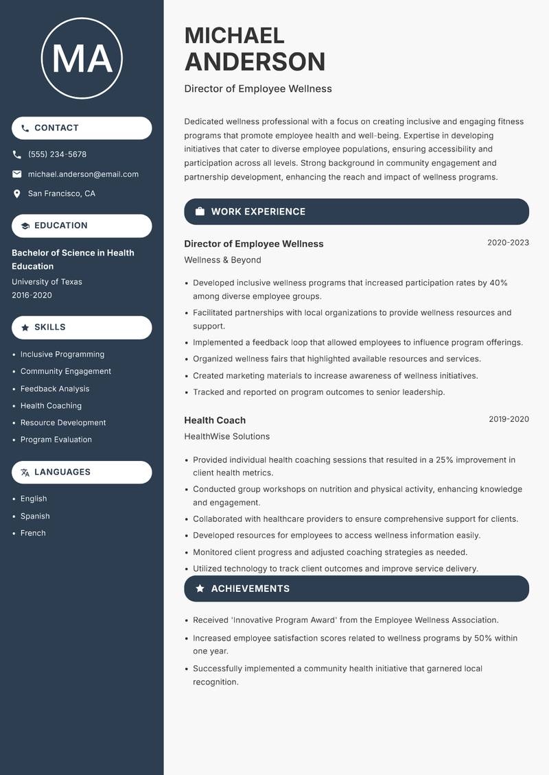 Head of Fitness and Wellness resume template — Compact