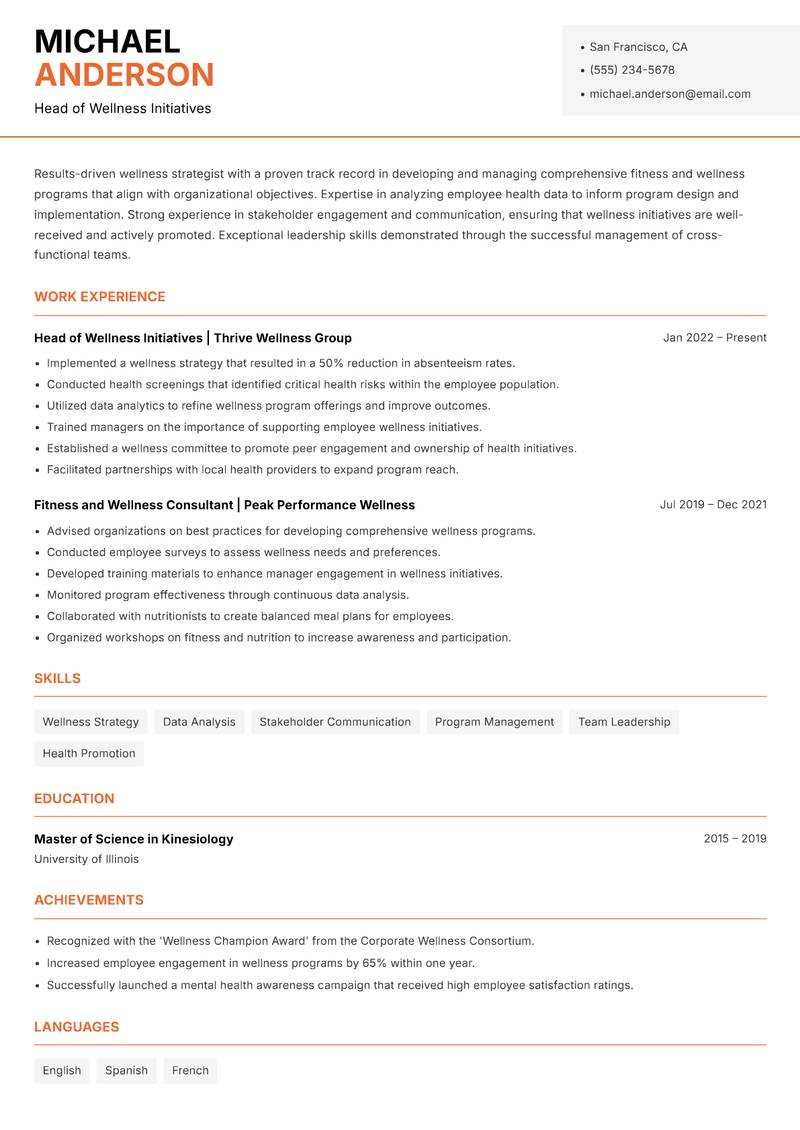 Head of Fitness and Wellness resume template — Modern Professional