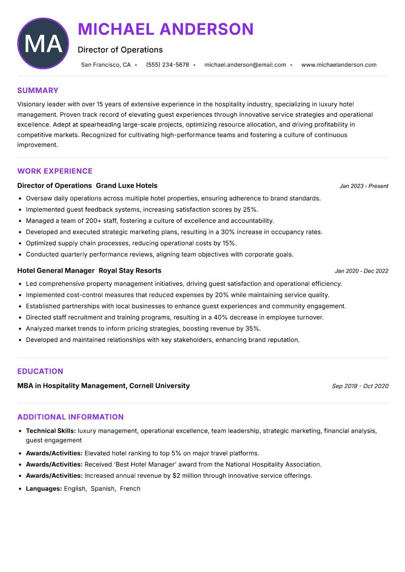 Head of Hospitality resume example — ATS-friendly template